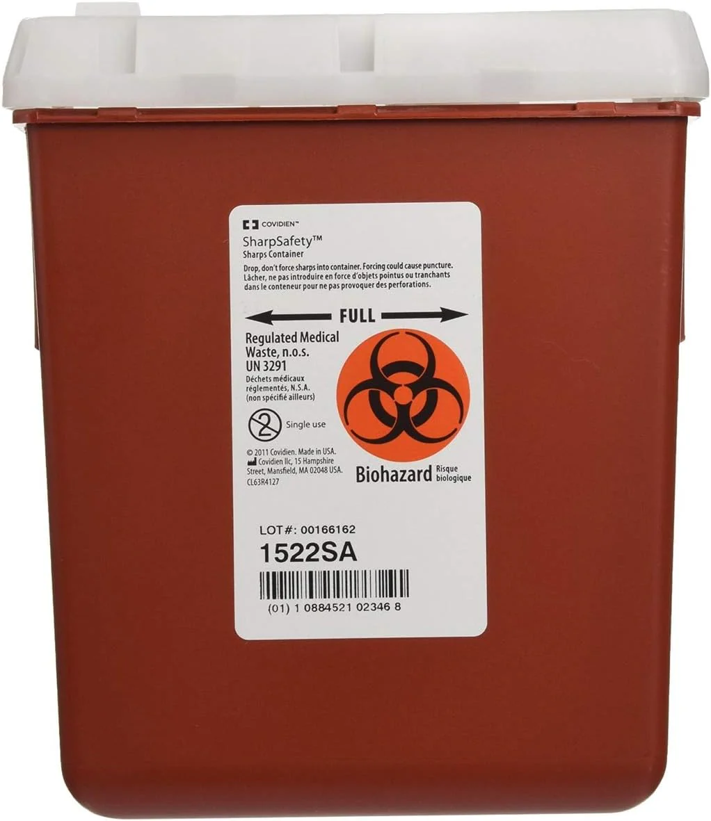 Covidien SharpSafety 1522SA Sharps Container, Red Base, White Lid, 7-1/4 H X 6-1/2 W X 4-1/2 D Inch, Vertical Entry, 0.55 Gallon