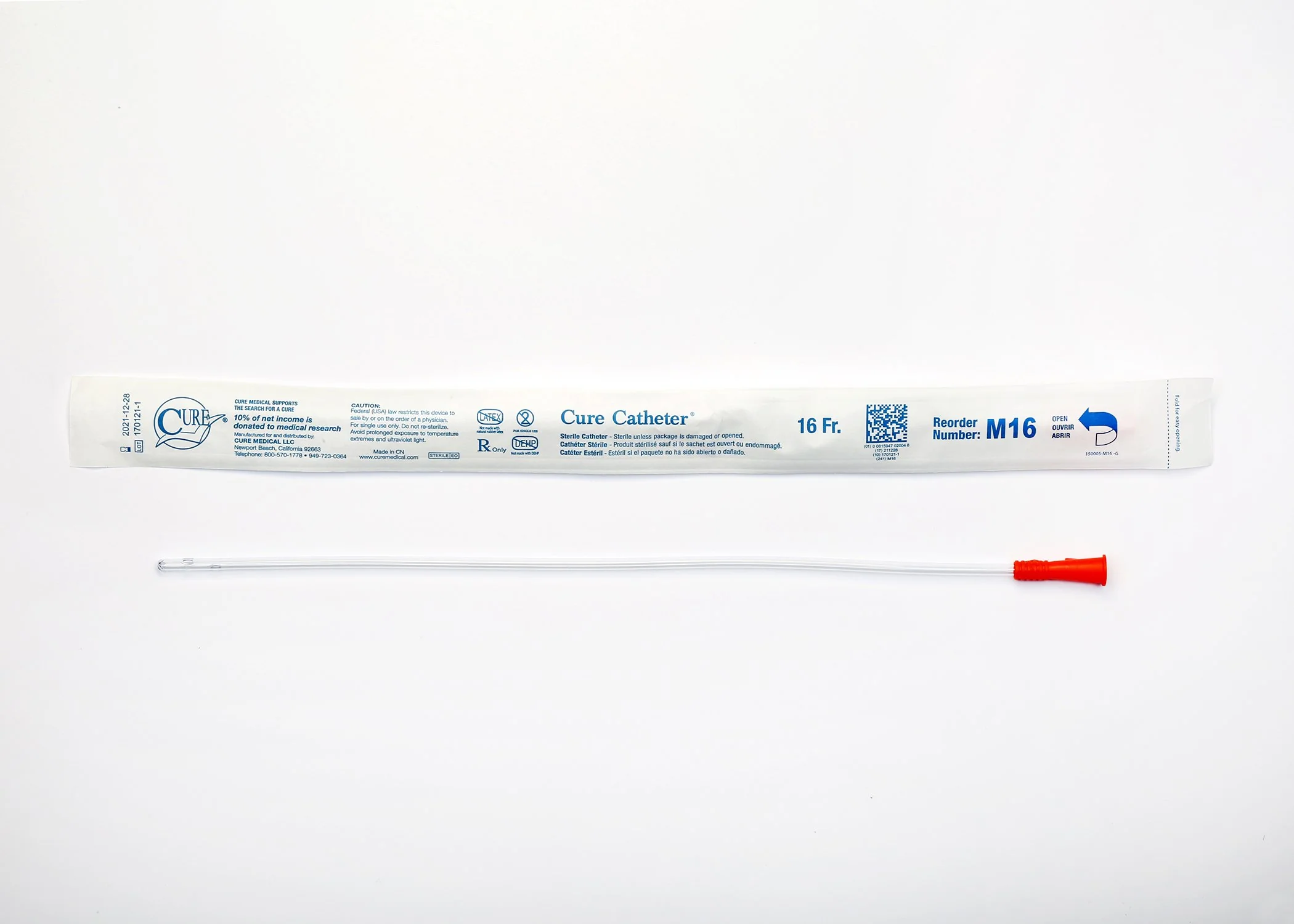 Cure Male Straight Intermittent Catheter 16 Fr 16", Case of 300