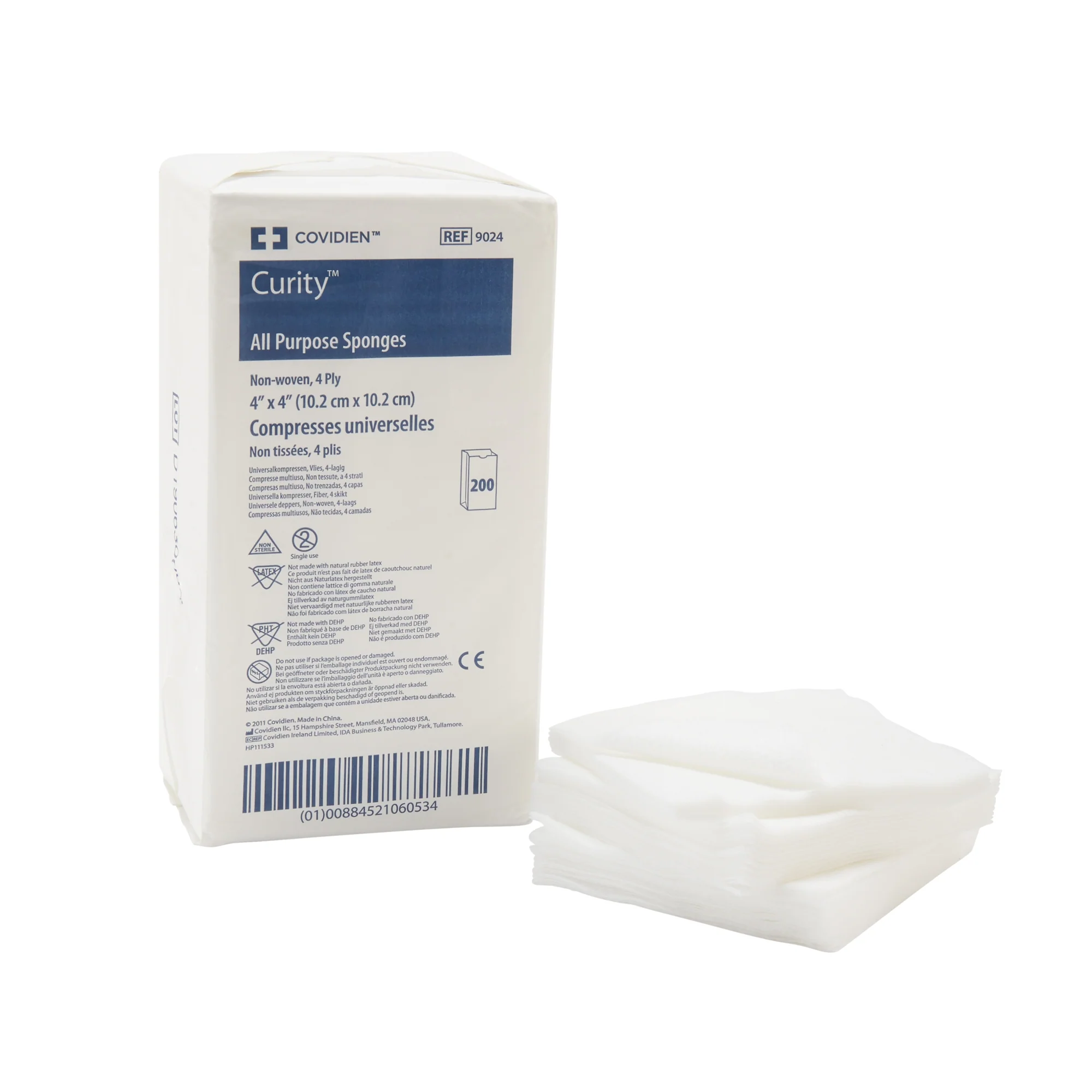 Covidien 9024 Curity Non-Woven All-Purpose Sponge, Non-Sterile, 4" W x 4" D, 4-Ply