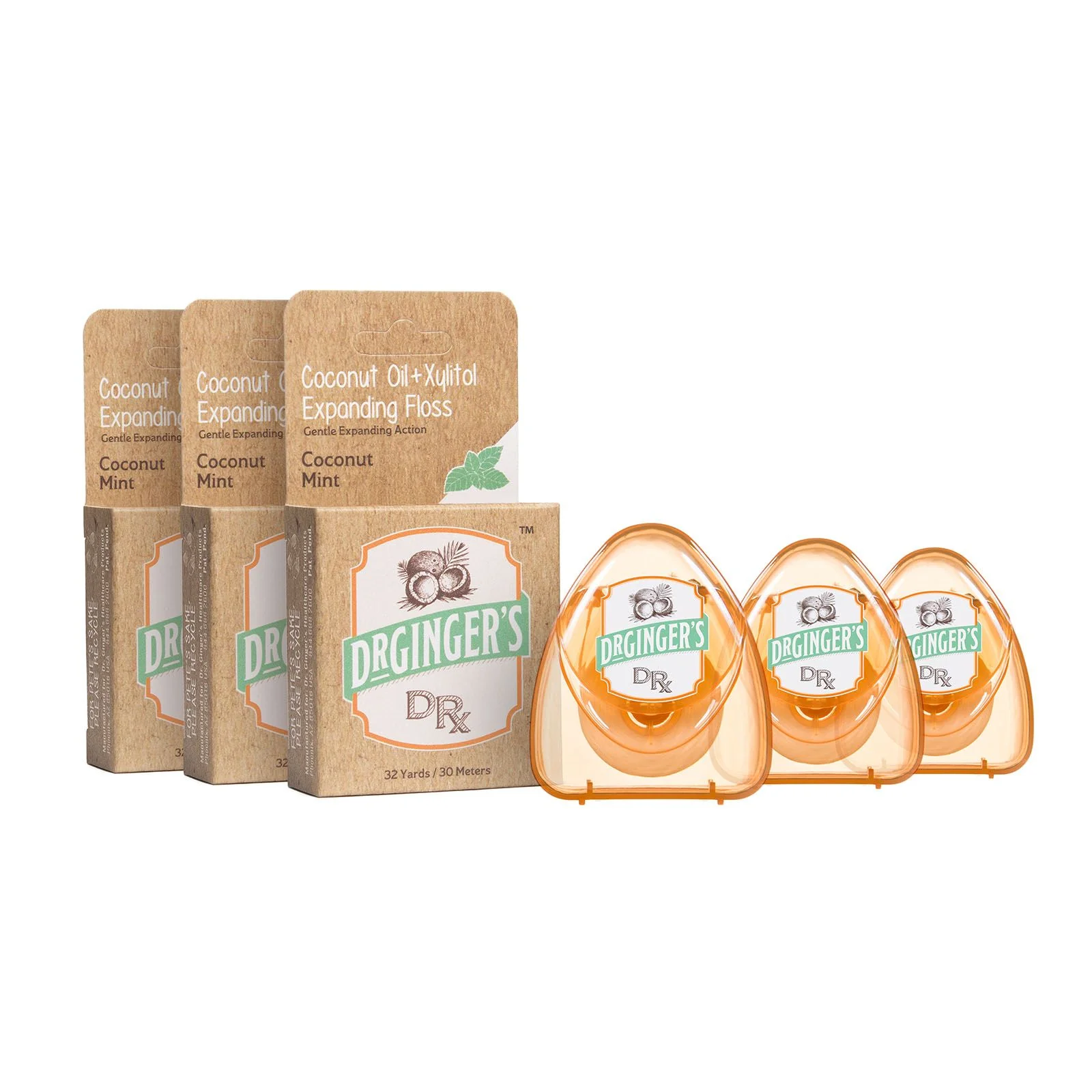 Dr. Ginger's All-Natural Dental Floss with Coconut Oil, Coconut Mint Flavor, 32yds (Pack of 3)