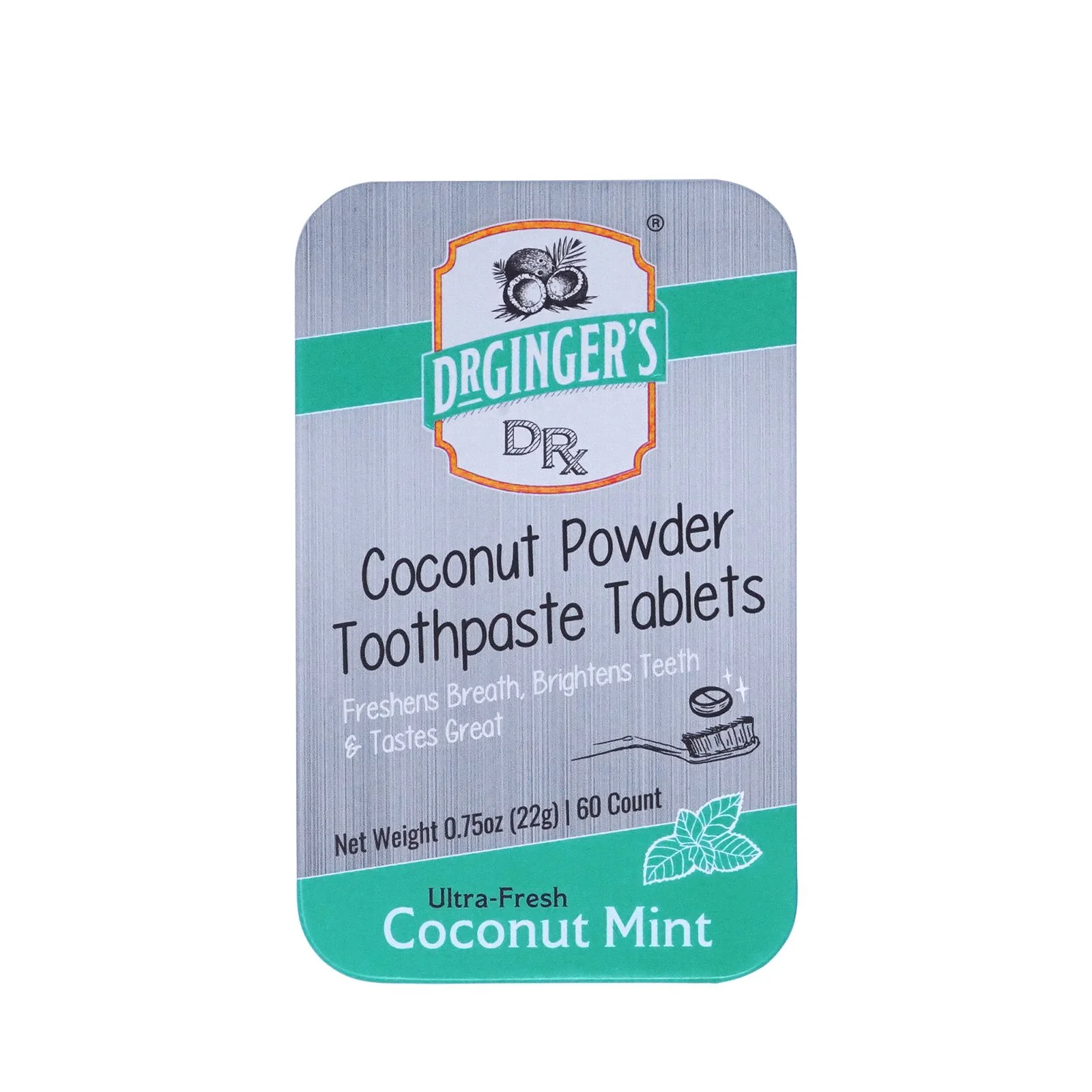 Dr. Ginger's Coconut Mint Toothpaste Tablets, Eco-Friendly Travel Chewable Tabs for Gum Health, Fresh Breath & Plaque Prevention, Fluoride-Free, 0.75oz Tin, 60 Tablets