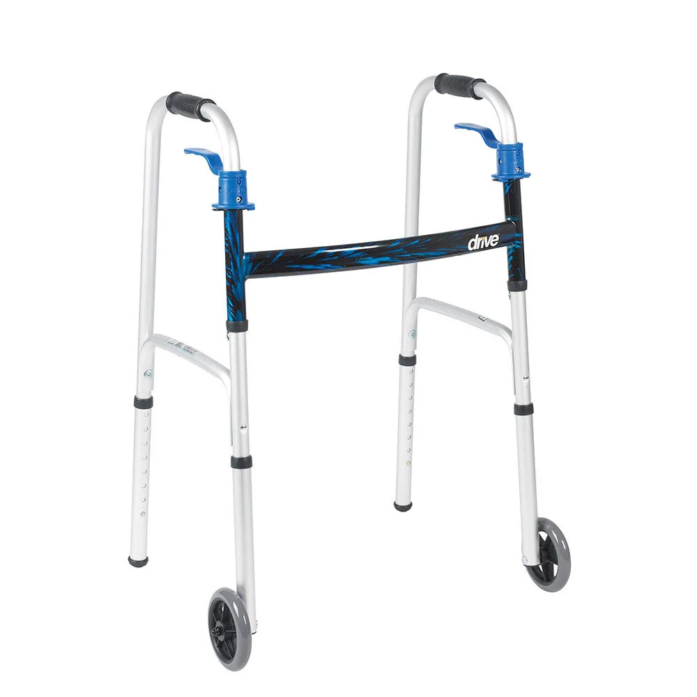 Drive Medical Deluxe Trigger Release Folding Walker with 5" Wheels - Junior, Adjustable Height 26" - 33.5", Aluminum, 350 lbs. Weight Capacity - Image 2