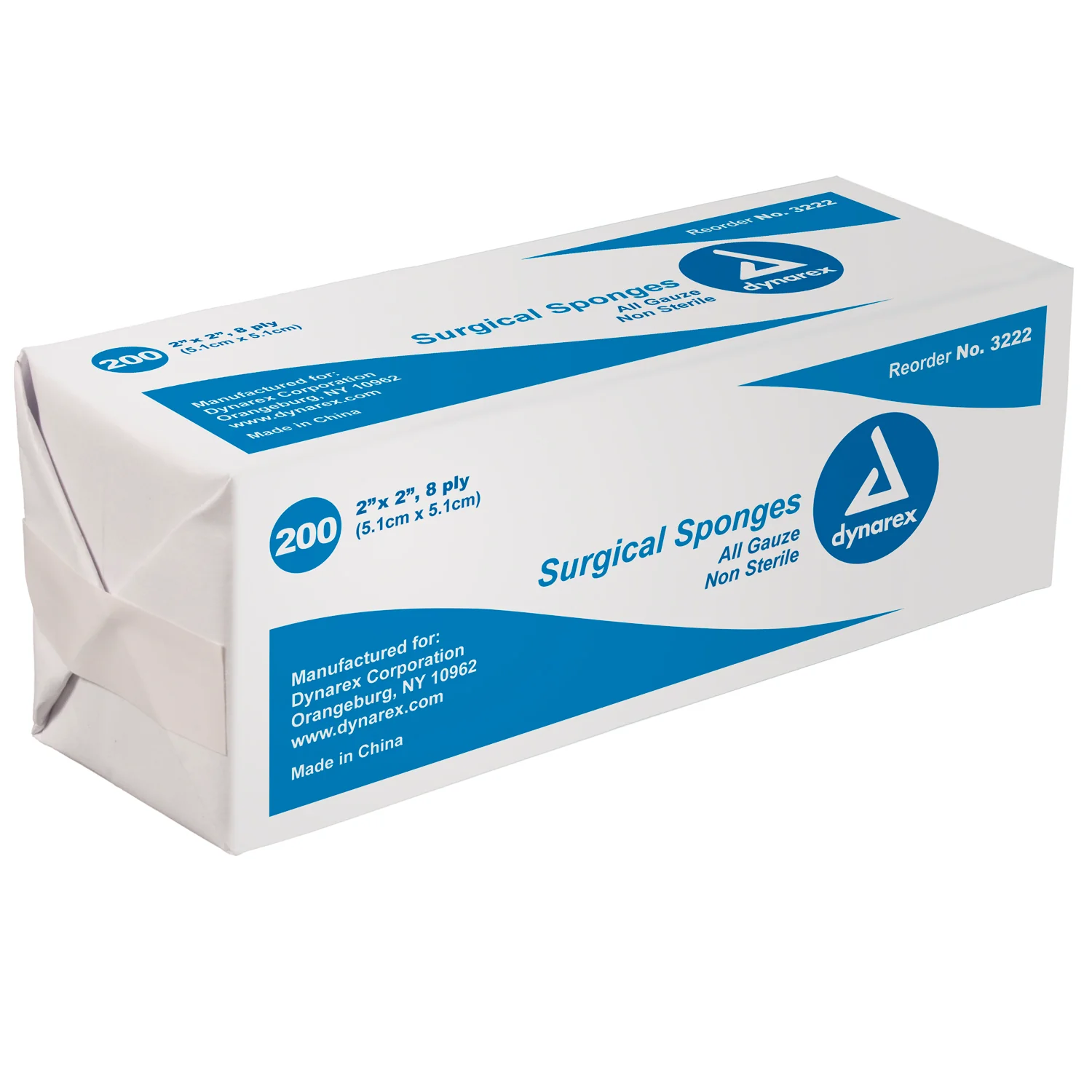Dynarex 3222 Gauze Sponge Cotton 8-Ply 2 X 2 Inch Square NonSterile. Box of 200