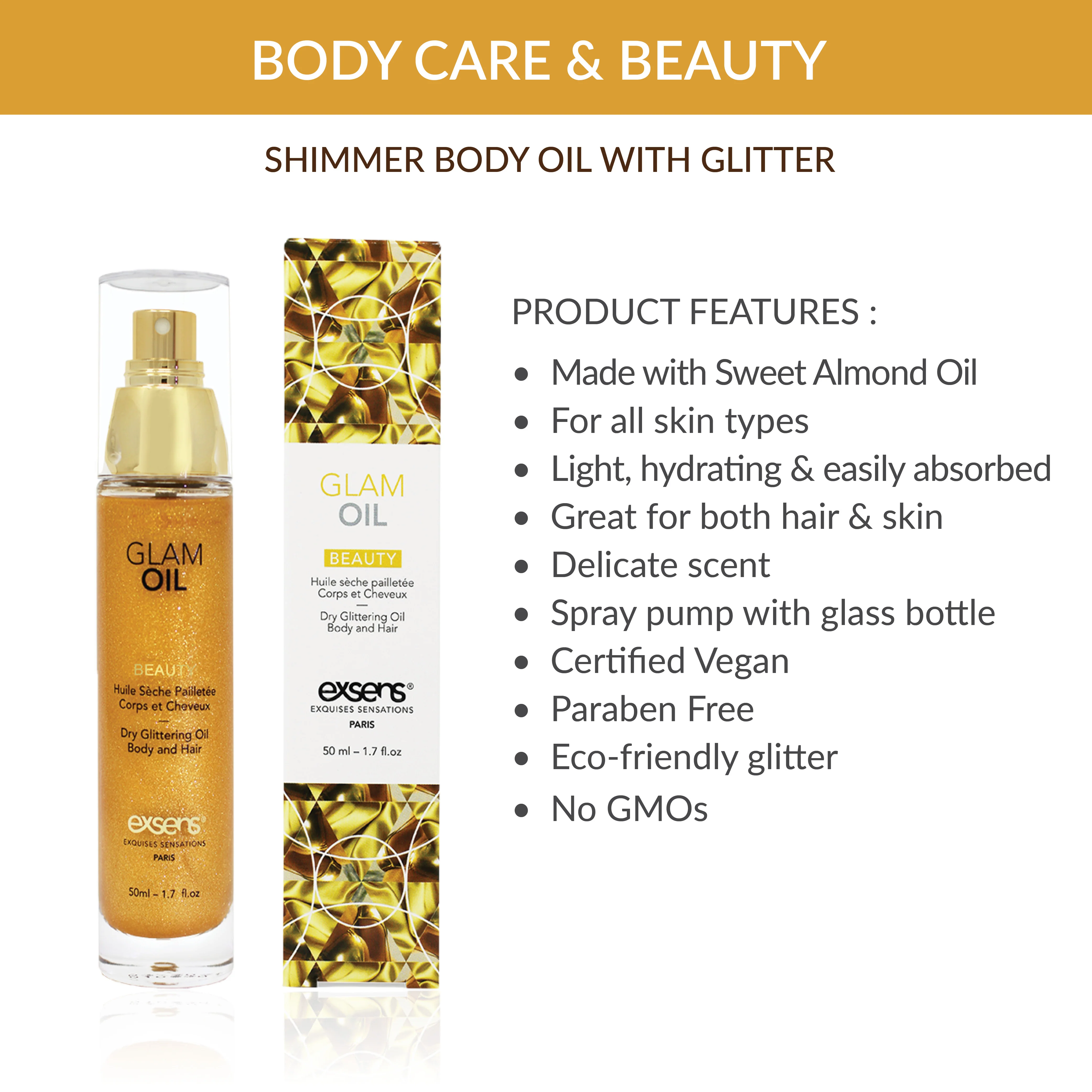 Exsens Gold Shimmering Glam Oil for Body & Hair, 50ml (1.7 fl.oz) 1 Count - Image 4