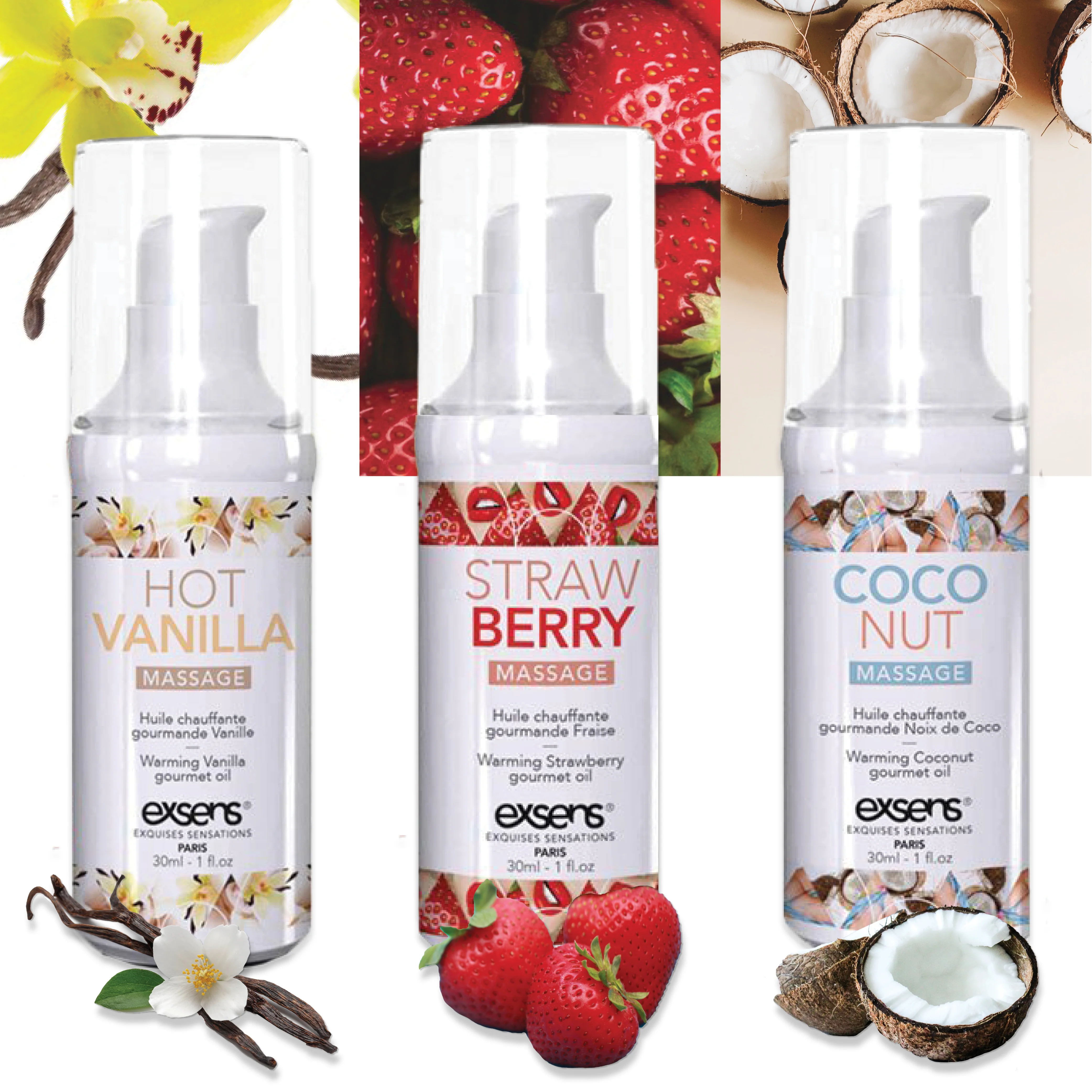 Exsens Let's Travel Warming Intimate Massage Oil Kit Flavored Gel Gift Set Strawberry Coconut and Hot Vanilla Flavor 3 Bottles, 1 Fl Oz Each - Image 2