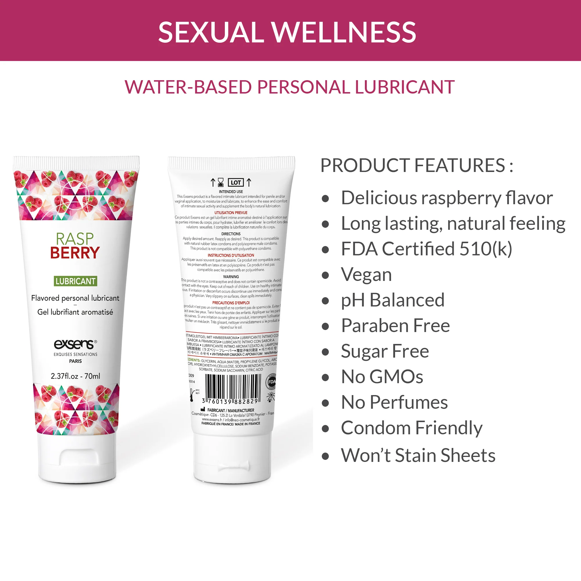 Exsens Premium Water Based Personal Lubricant, Intimate pH Balanced Gel Made with All Vegan Ingredients, FDA Cleared 70ml (2.37 fl.oz), 1 Count - Image 10