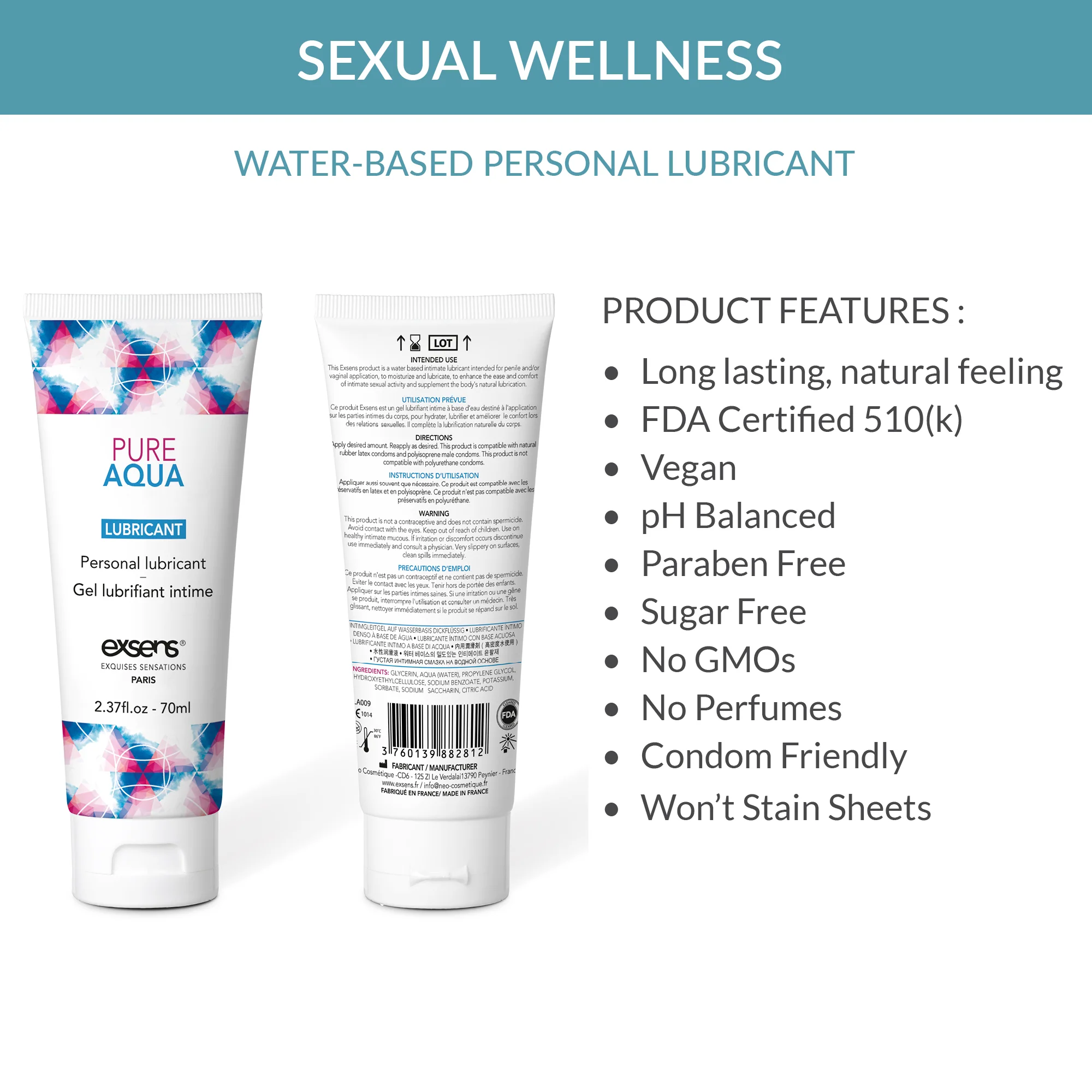 Exsens Premium Water Based Personal Lubricant, Intimate pH Balanced Gel Made with All Vegan Ingredients, FDA Cleared 70ml (2.37 fl.oz), 1 Count - Image 4