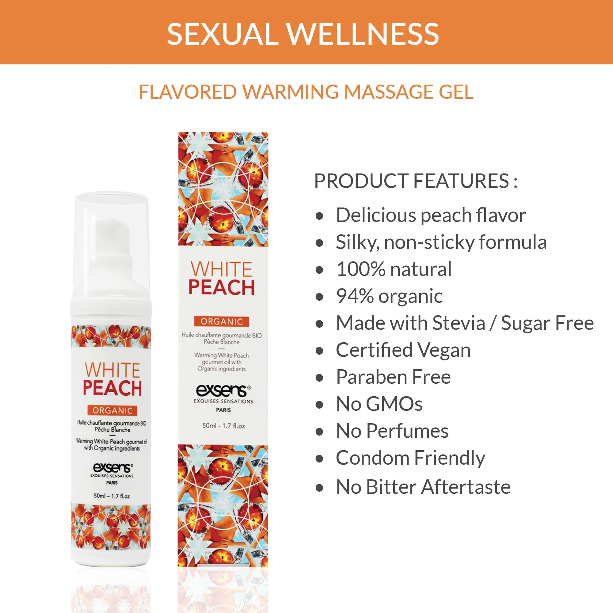 Exsens White Peach Warming Intimate Organic Massage Oil, 50ml (1.7 fl.oz), 1 count - Image 4
