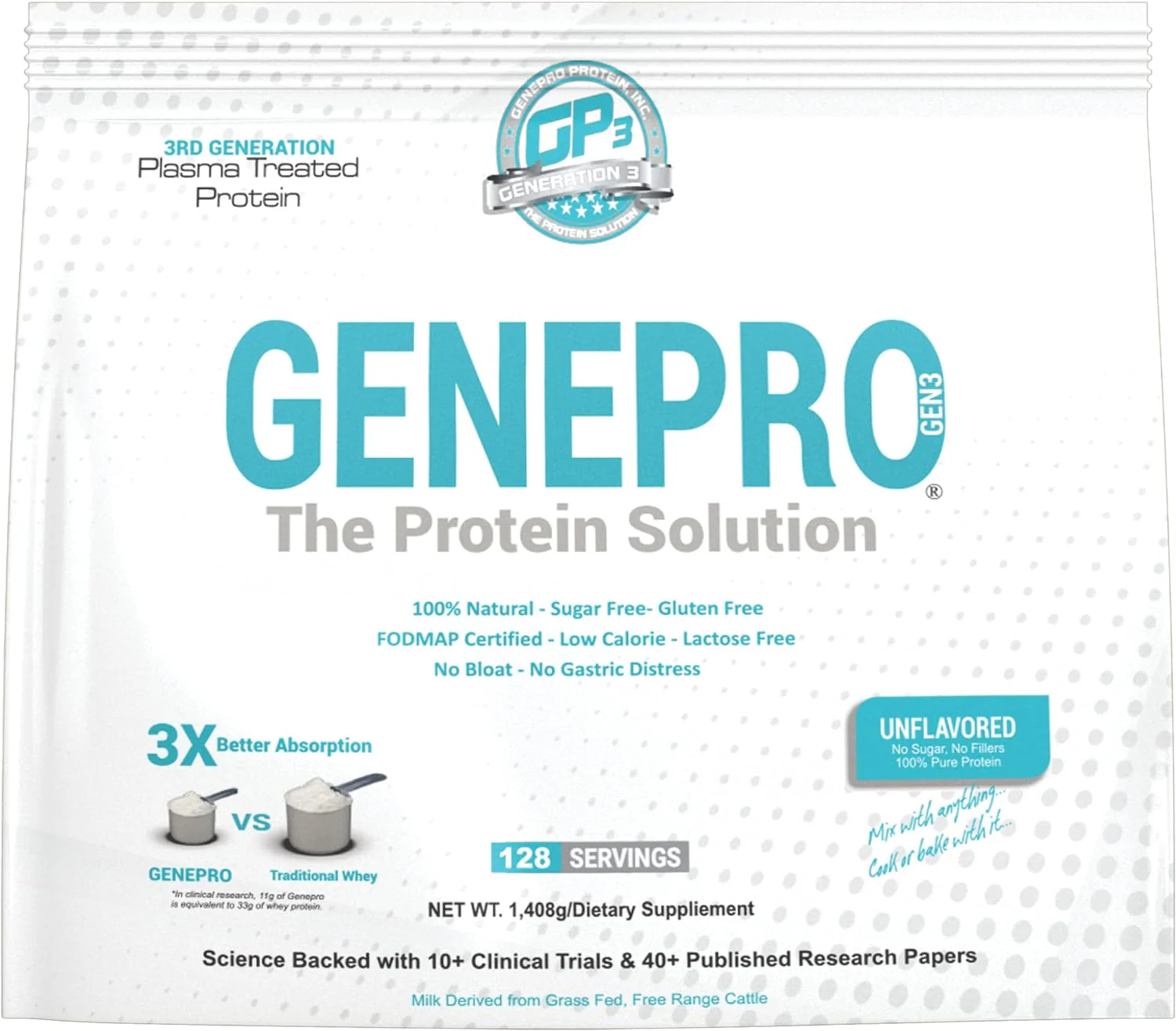 Genepro Unflavored Protein Powder - New Formula - Lactose-Free, Gluten-Free & Non-GMO Whey Isolate Supplement Shake, 3rd Generation, Multiple Servings