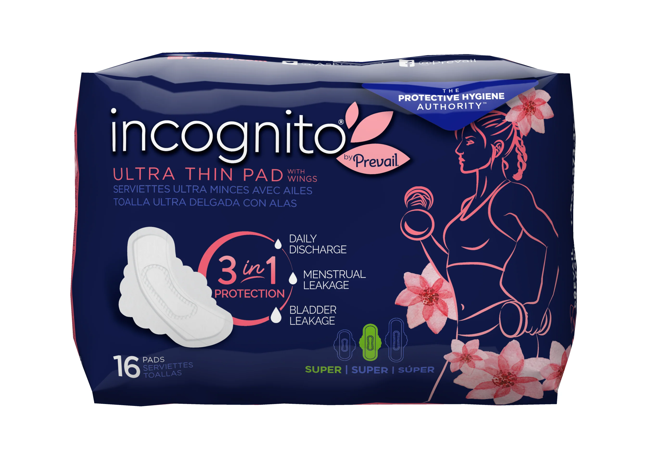 Incognito by Prevail Absorbent 3-in-1 Protective Postpartum Ultra Thin Pad with Wings for Menstrual and Bladder Leaks with Odor Guard