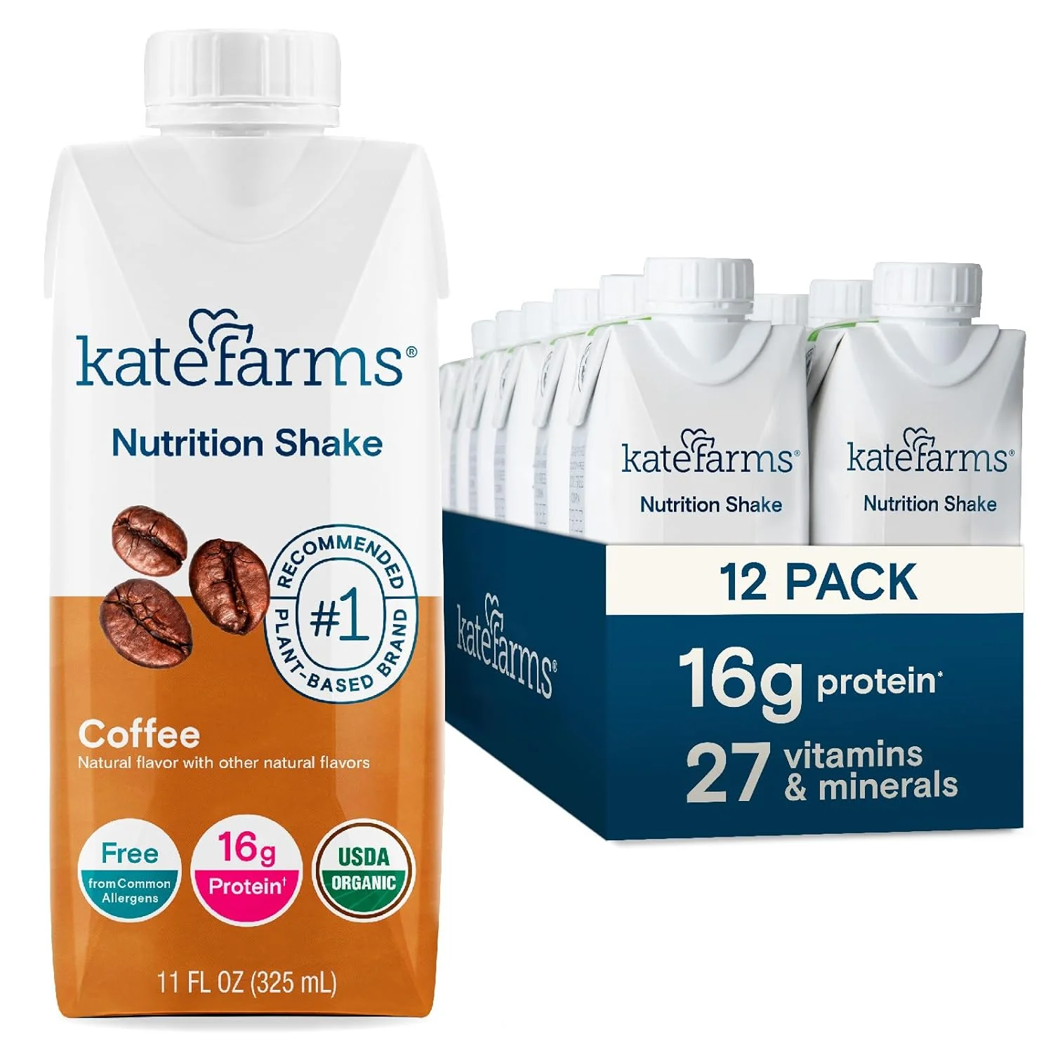 Kate Farms Organic Plant Based Nutrition Shake, Vanilla, Chocolate, and Coffee Flavors, 16g protein, 27 Vitamins and Minerals, Meal Replacement, Protein Shake, Gluten Free, Non-GMO, 11 oz, 11 FL Oz, Pack of 12 or 1 Each