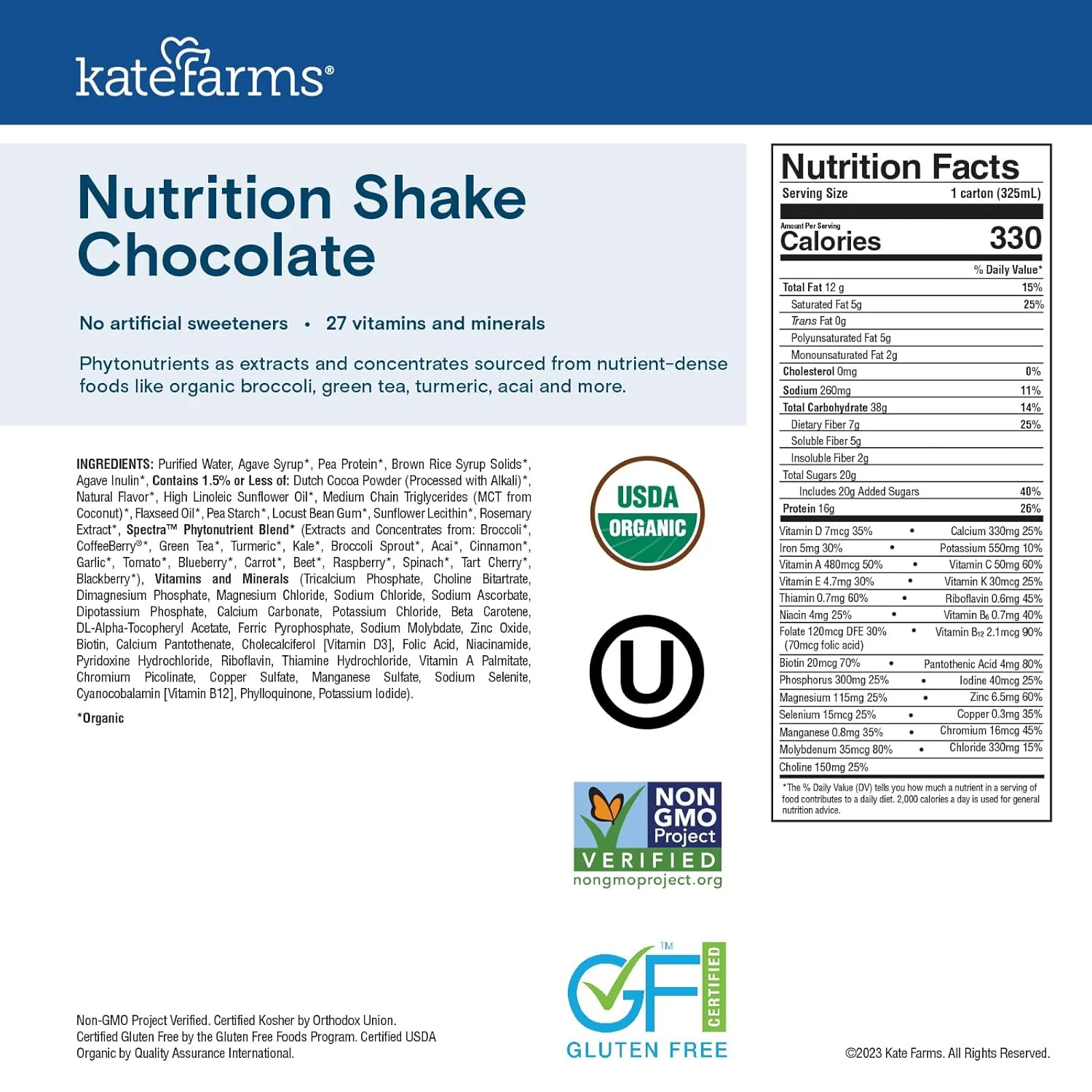 Kate Farms Organic Plant Based Nutrition Shake, Vanilla, Chocolate, and Coffee Flavors, 16g protein, 27 Vitamins and Minerals, Meal Replacement, Protein Shake, Gluten Free, Non-GMO, 11 oz, 11 FL Oz, Pack of 12 or 1 Each - Image 15