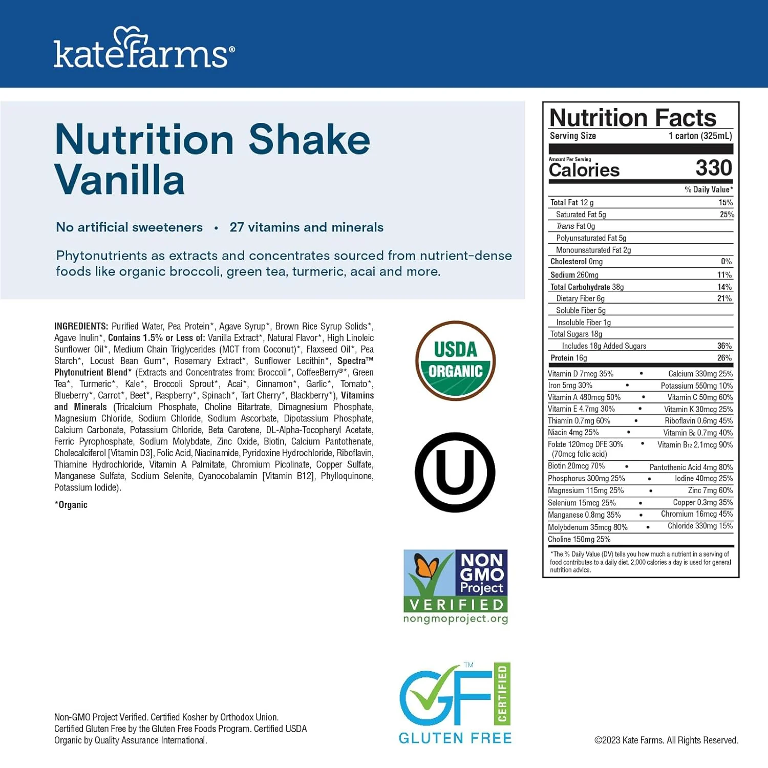 Kate Farms Organic Plant Based Nutrition Shake, Vanilla, Chocolate, and Coffee Flavors, 16g protein, 27 Vitamins and Minerals, Meal Replacement, Protein Shake, Gluten Free, Non-GMO, 11 oz, 11 FL Oz, Pack of 12 or 1 Each - Image 23