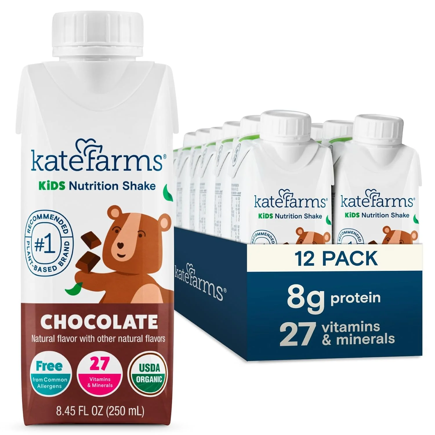 Kate Farms Pediatric Organic Nutrition Shake, Multiple Flavors, 8G of Protein, 27 Vitamins and Minerals, Meal Replacement, Protein Shake, Gluten Free, Non-GMO, 8.45 Fl Oz, Pack of 12