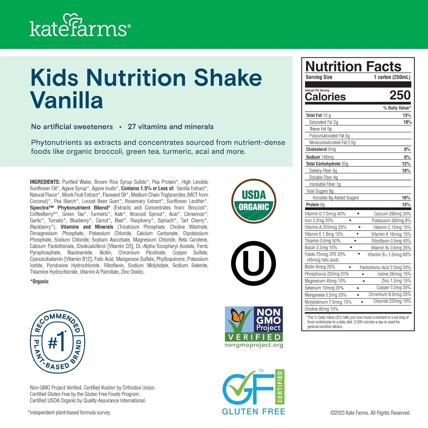 Kate Farms Pediatric Organic Nutrition Shake, Multiple Flavors, 8G of Protein, 27 Vitamins and Minerals, Meal Replacement, Protein Shake, Gluten Free, Non-GMO, 8.45 Fl Oz, Pack of 12 - Image 20