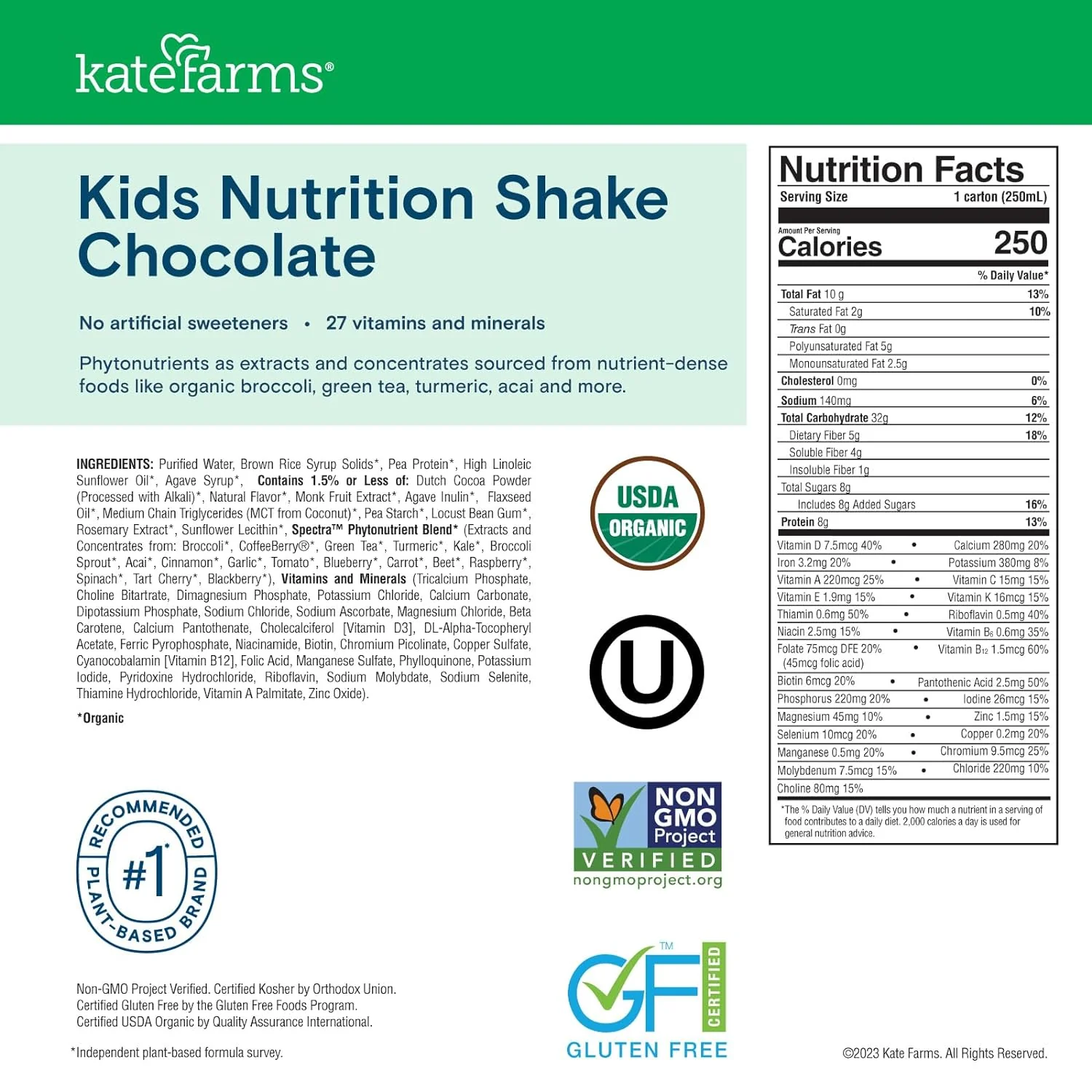 Kate Farms Pediatric Organic Nutrition Shake, Multiple Flavors, 8G of Protein, 27 Vitamins and Minerals, Meal Replacement, Protein Shake, Gluten Free, Non-GMO, 8.45 Fl Oz, Pack of 12 - Image 7