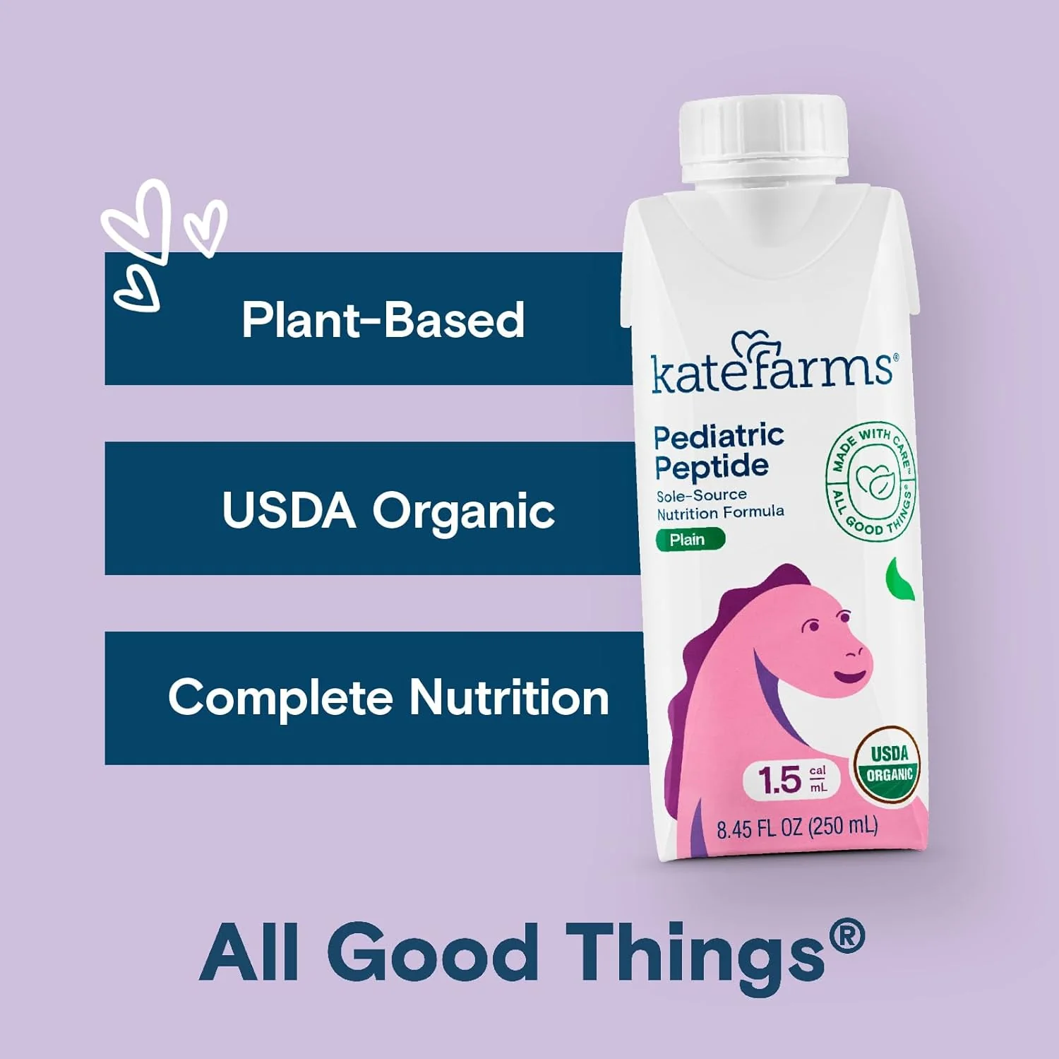 Kate Farms Pediatric Peptide 1.5 Sole-Source Nutrition Formula, Plain and Vanilla Flavors, Organic Enzymatically Hydrolyzed Plant-Based Protein Drink, Meal Replacement for Oral & Tube Feeding, 8.45 FL Oz, Pack of 12 or 1 Each - Image 2