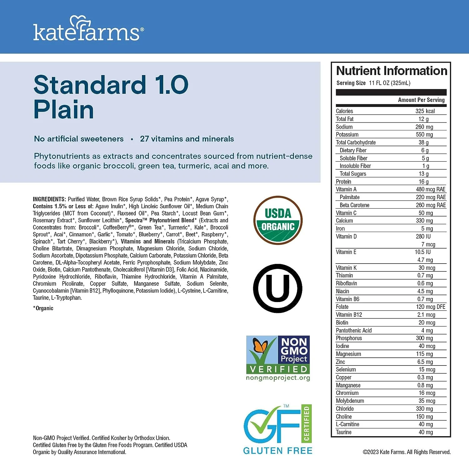 Kate Farms Adult Standard 1.0 Formula, Organic Vegan Plant Based Nutrition Shake, Vanilla, Chocolate, and Plain Flavors, 16G Protein, 28 Vitamins + Minerals, Gluten Free and Non-GMO, 11 FL Oz, Pack of 12 or 1 Each - Image 25
