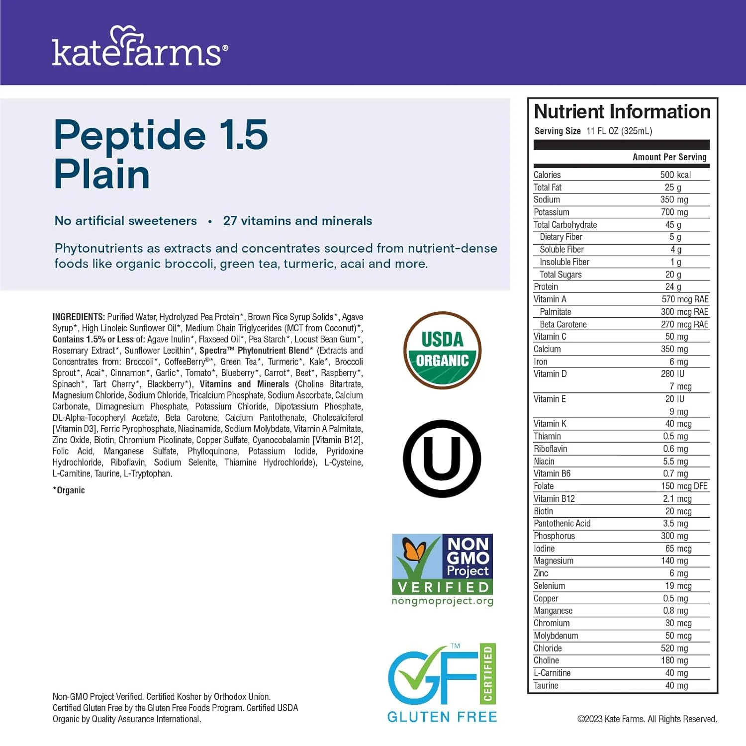 Kate Farms Adult Peptide 1.5 Sole-Source Nutrition Formula, Vanilla and Plain Flavors, Organic Enzymatically Hydrolyzed Plant-Based Protein Drink, Made Without Gluten, Soy, Dairy, or Corn, 11 FL Oz, Pack of 12 or 1 Each - Image 14