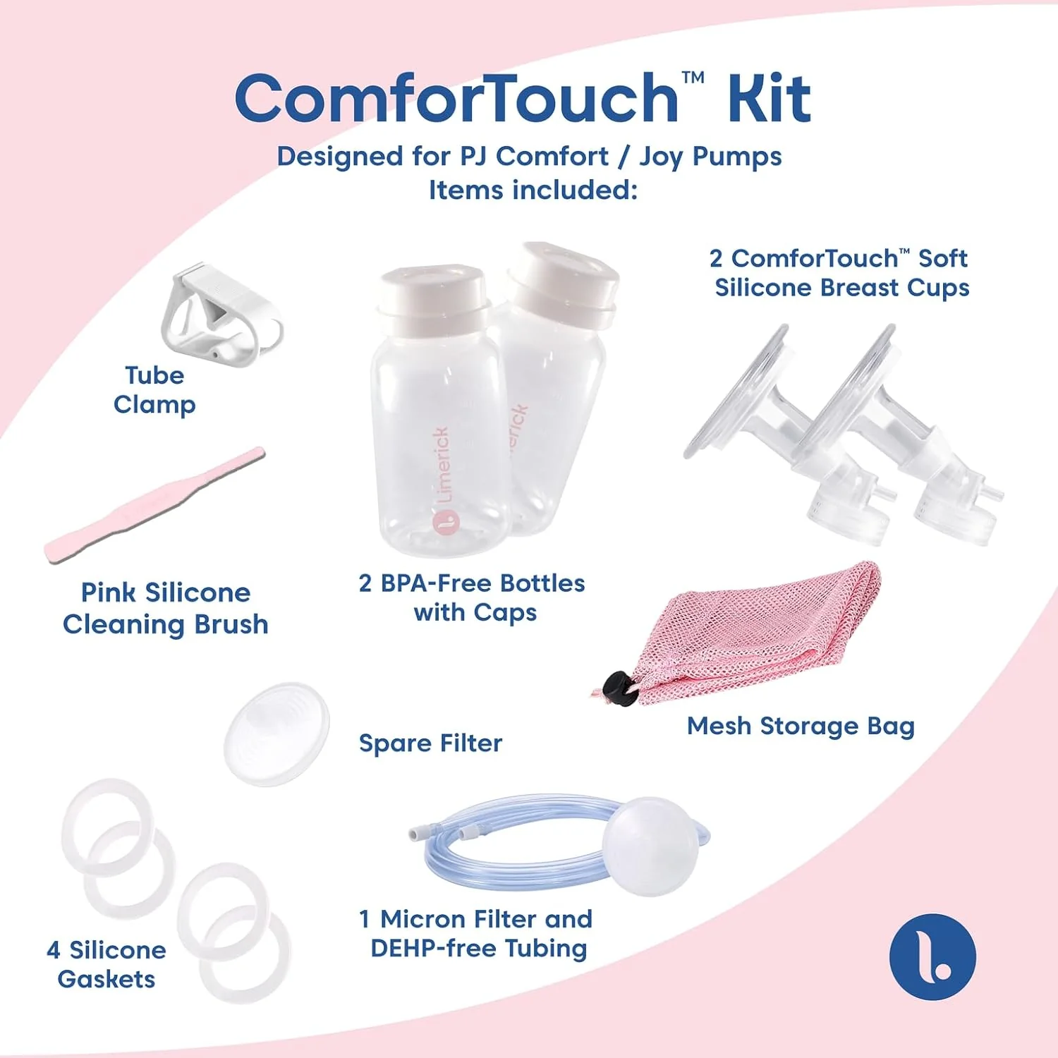 Limerick ComforTouch Kit for PJ's Comfort & Joy Standrd Breast Pumps, Includes 2 Silicone Gaskets, 2 BPA-free Bottles, 4 Silicone Gaskets, & 1-micron Filter with DEHP-free Tubing - Image 3