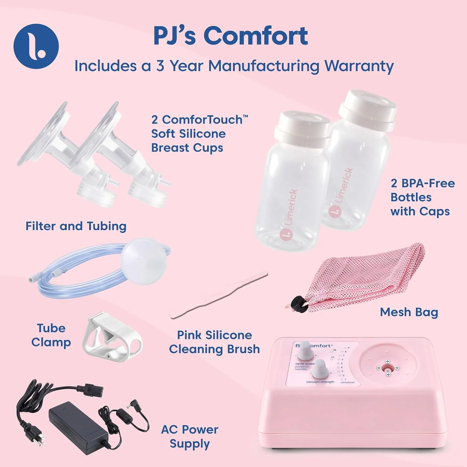 Limerick PJ's Comfort Electric Breast Pump, Hospital Grade Compression & Vaccum Technology, Dual Soft Silicone Breast Cups - Image 6