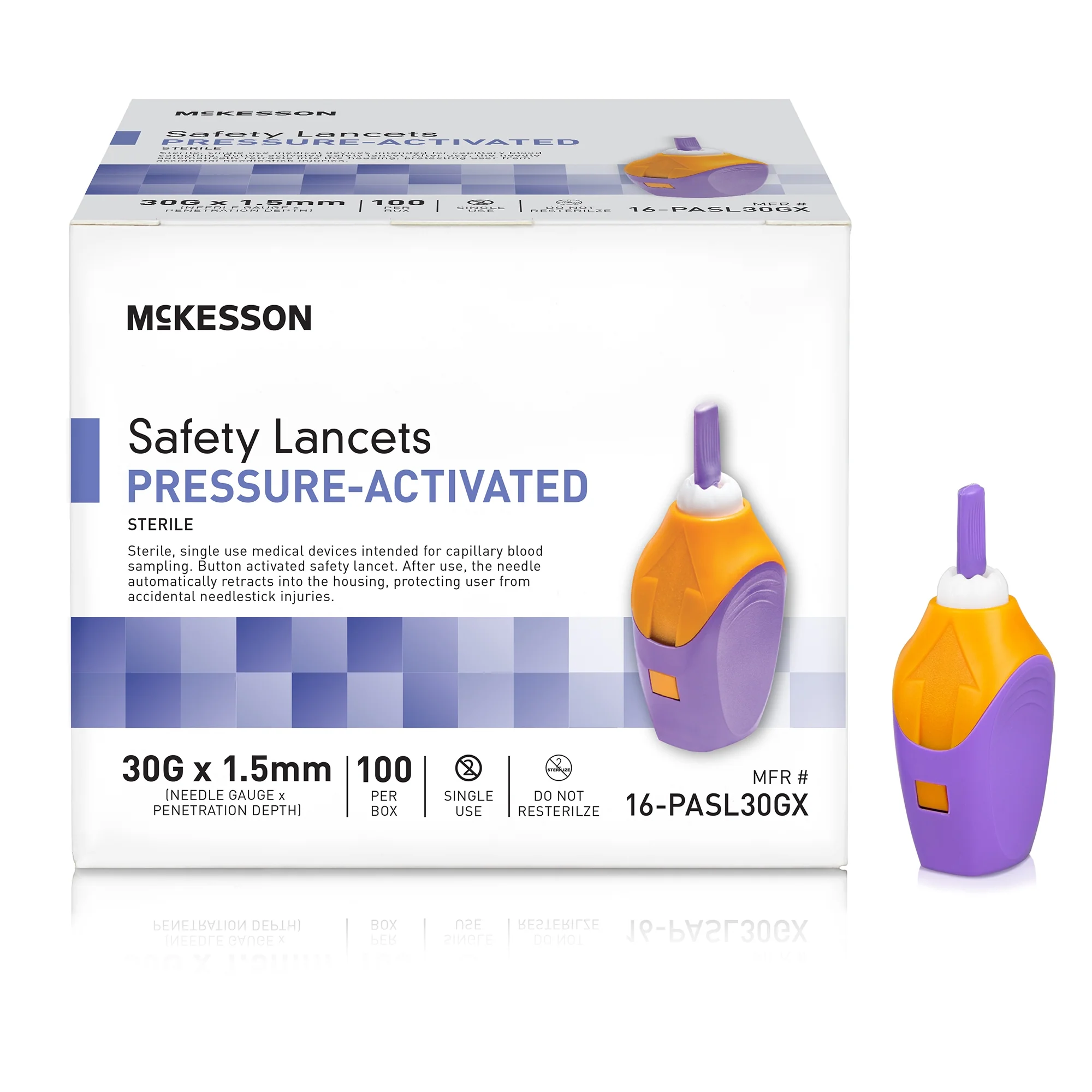 McKesson Safety Lancets, Sterile, Pressure-Activated, 30 Gauge Needle, 1.5 mm Depth