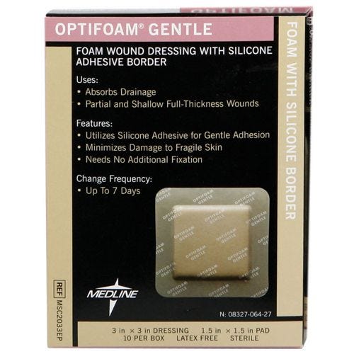 Optifoam Gentle Border Adhesive Dressings: 3" x 3", 10 Count