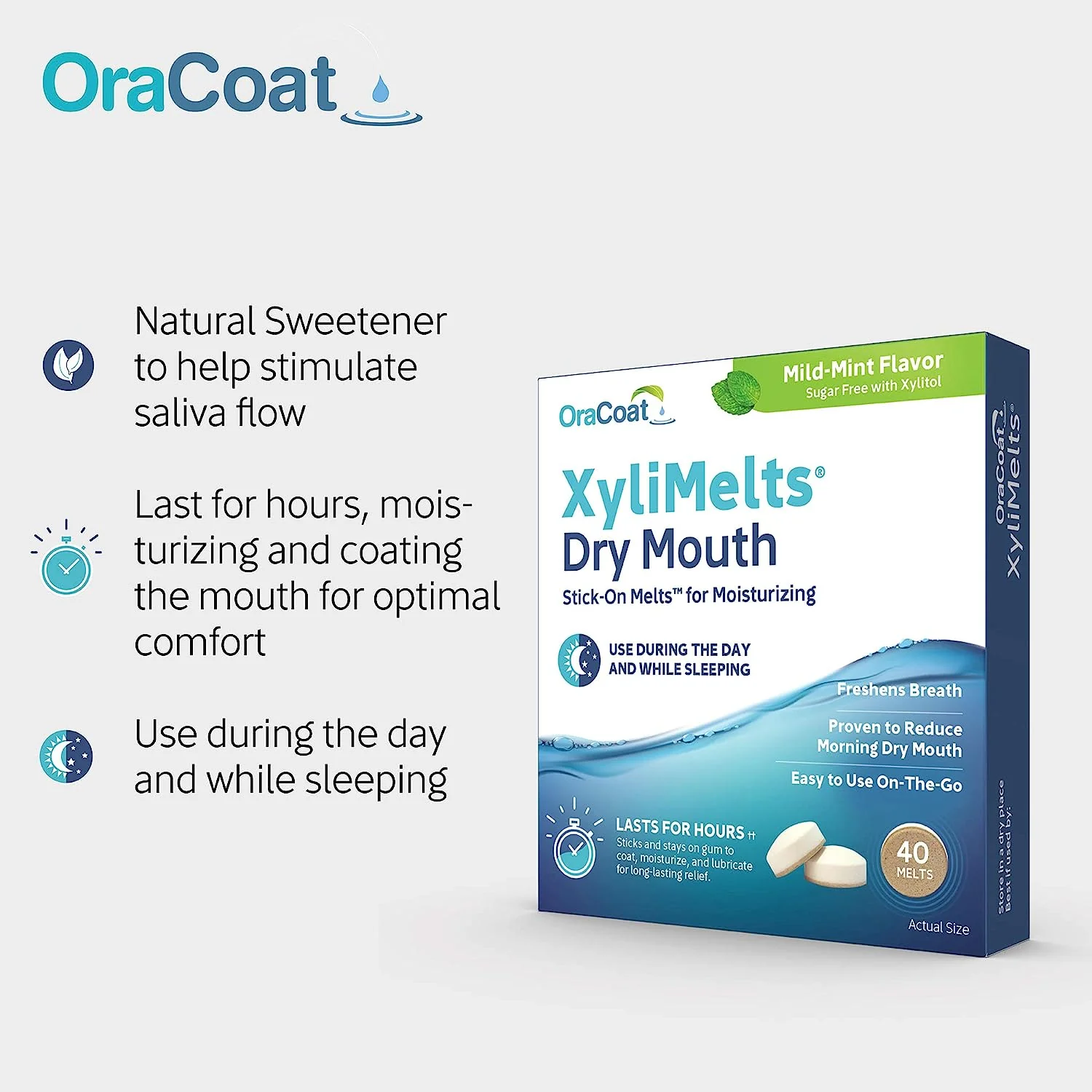 OraCoat XyliMelts Dry Mouth Relief Moisturizing Oral Adhering Discs Mild Mint with Xylitol, for Dry Mouth, Stimulates Saliva, Non-Acidic, Day and Night Use, Time Release for up to 8 Hours, 40 Count - Image 2