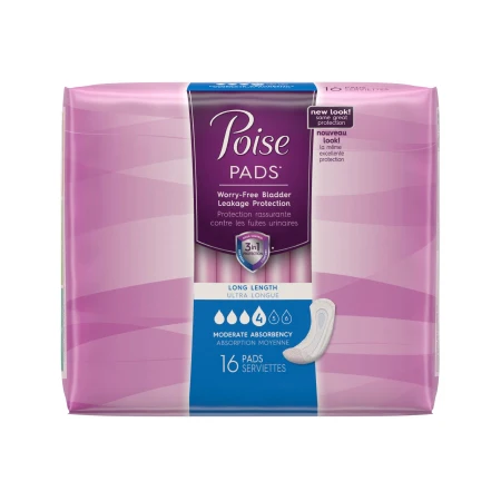 Poise Moderate Pads - 12 2/5", Pack of 16, Moderate Absorbency, Female, Polymer, Disposable, Long - Image 2