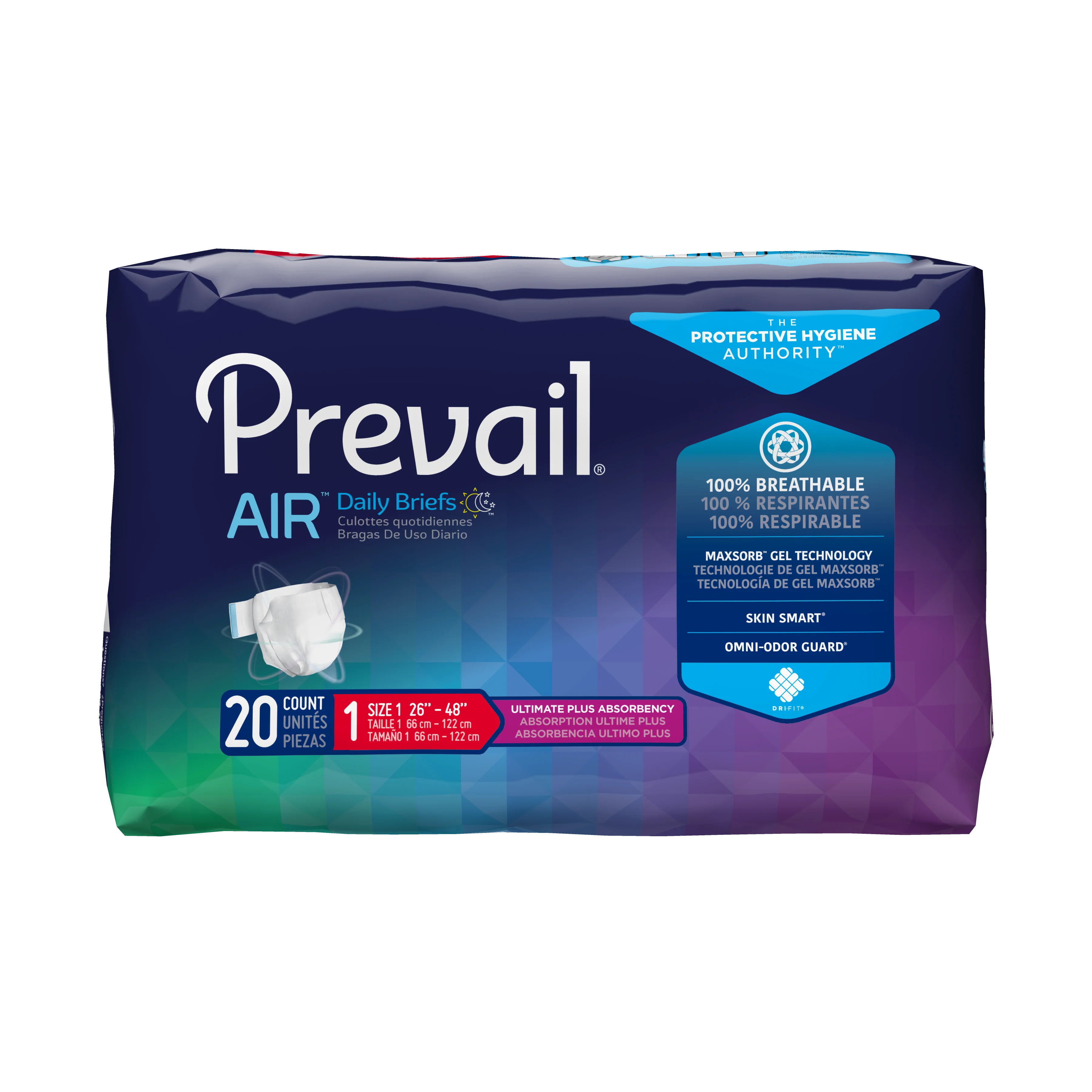 Prevail Air Plus Unisex Daily Briefs, Ultimate Plus Absorbency, Refastenable Tabs