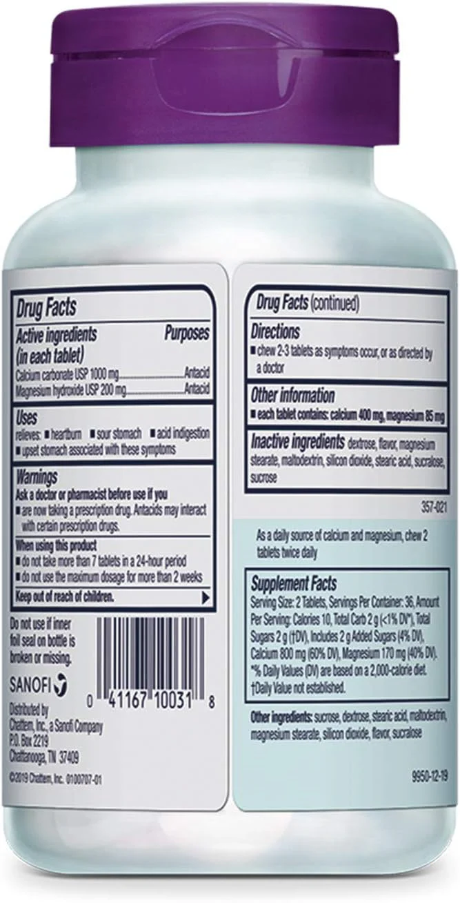 Rolaids Ultra Strength Antacid/Calcium Magnesium Supplement, Mint, 72 Tablet Bottle - Image 2