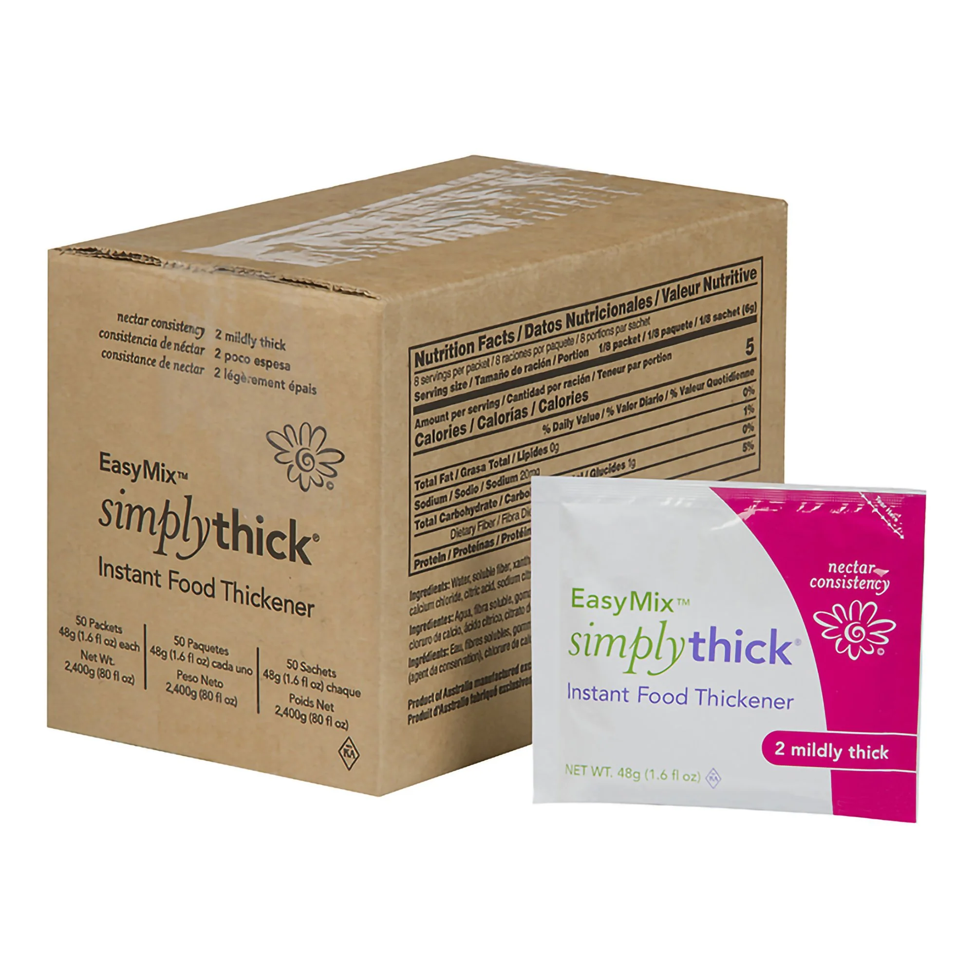 SimplyThick Easy Mix Food and Beverage Thickener 48 Gram Individual Packet Unflavored Gel, Mildly Thick, Box of 50