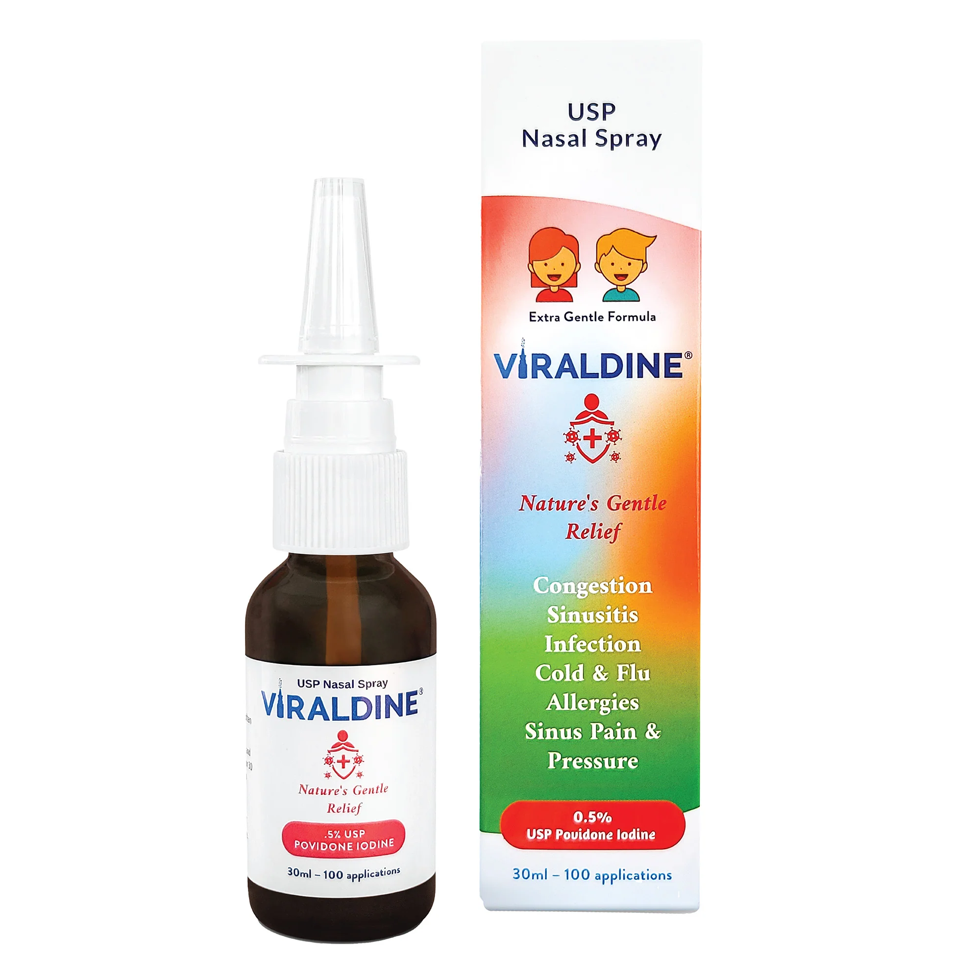 Viraldine .5% Povidone-Iodine Nasal Spray for Daily Congestion Relief, 100 Sprays, 30ml